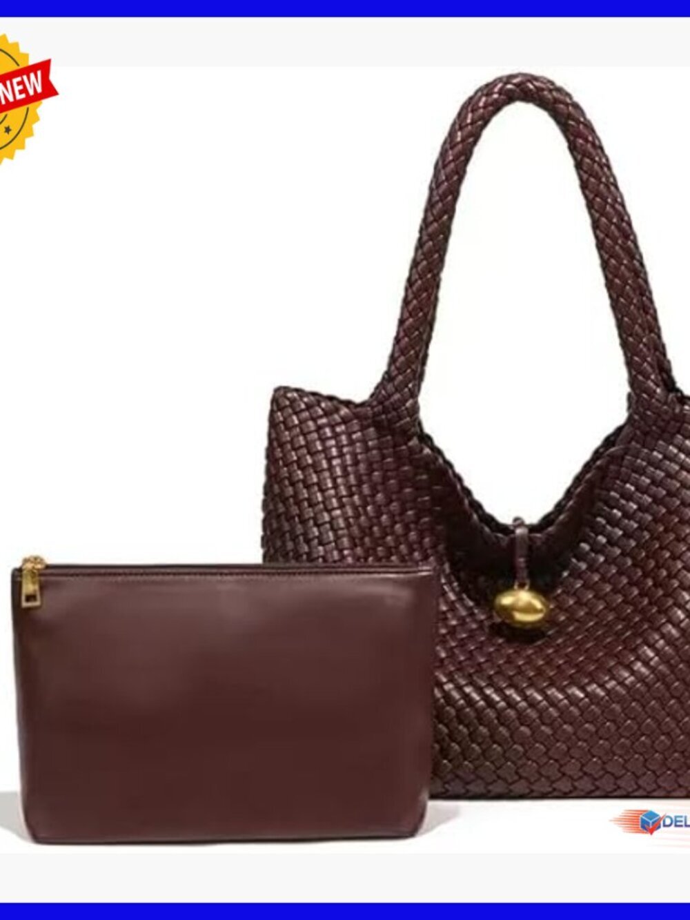 Large Woven Leather Hobo Bag with Matching Pouch, 2 Piece Set